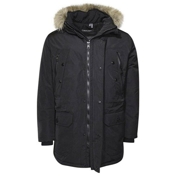 NWT Calvin Klein Black Parka w/ Faux Fur Trimmed - Picture 1 of 6